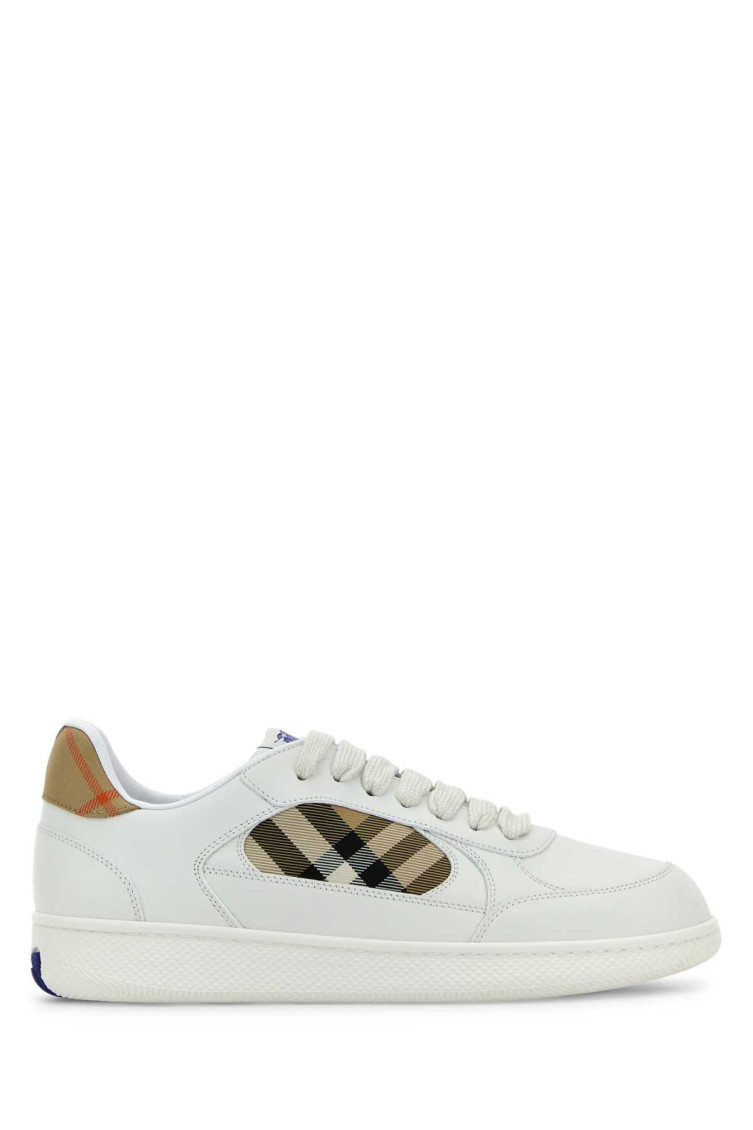 Burberry Men Low-top Leather Sneakers With Check Inserts In White