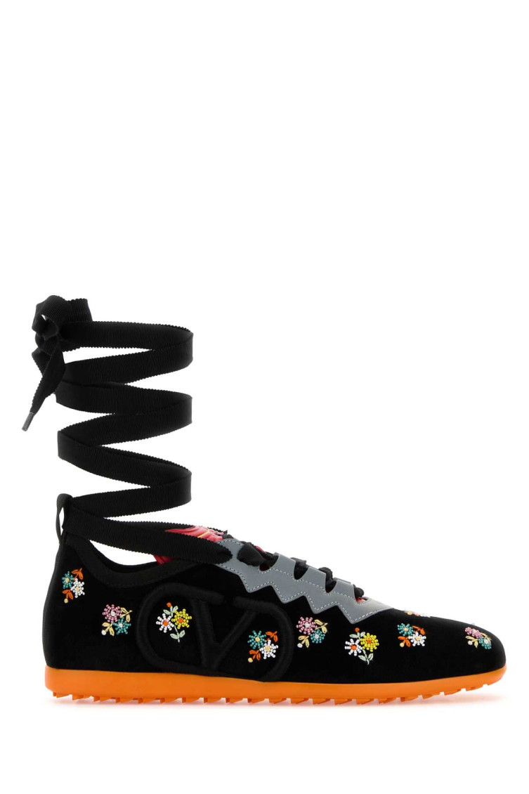 Valentino Chromathon Sneakers Velvet Floral Embroidery In Black