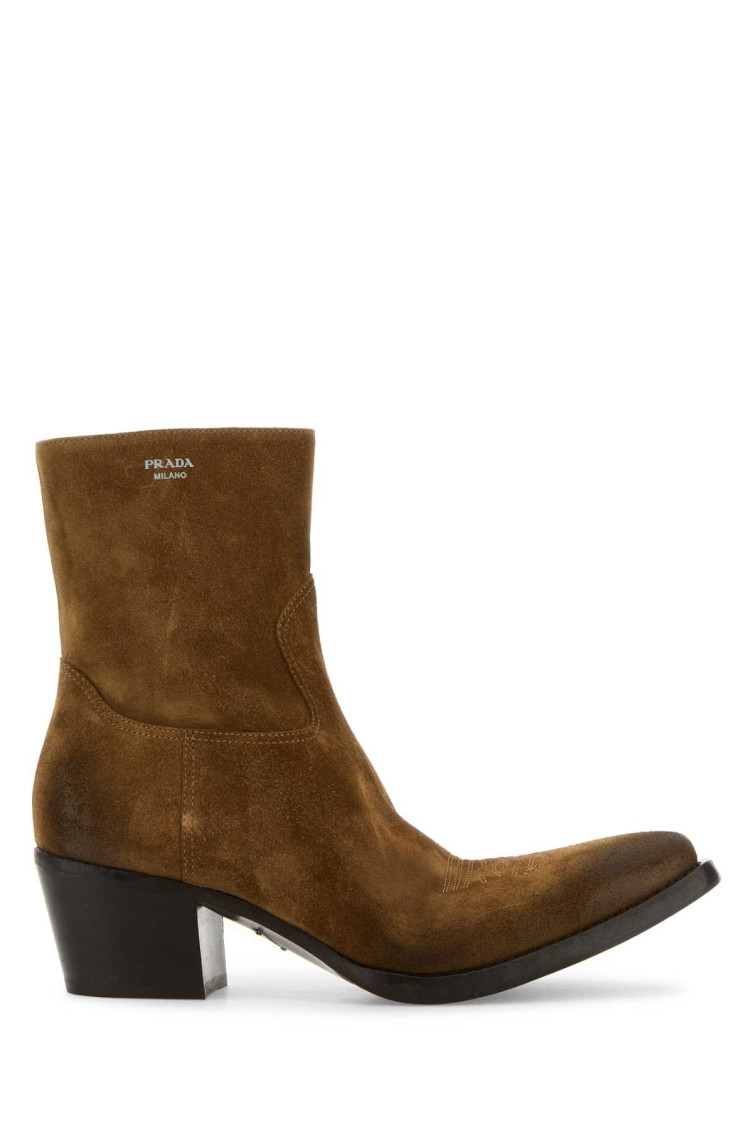 Prada Suede Heeled Western Ankle Boots 55