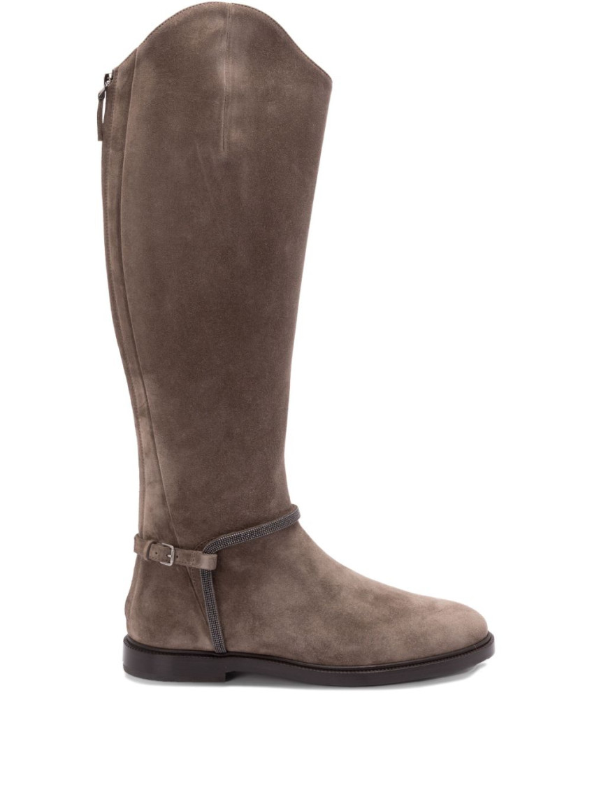 Brunello Cucinelli Suede Boots With Monili Detail In Brown