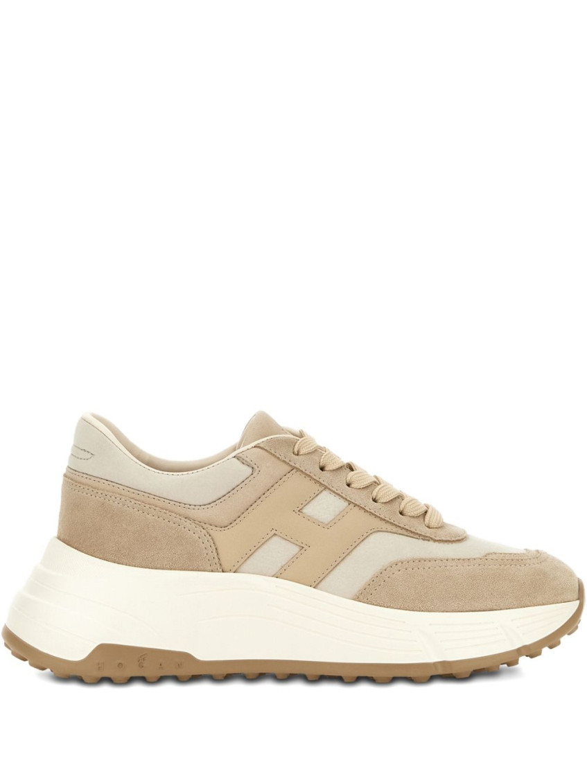 Hogan Panelled Design Leather Sneakers With Ridged Sole In Sand