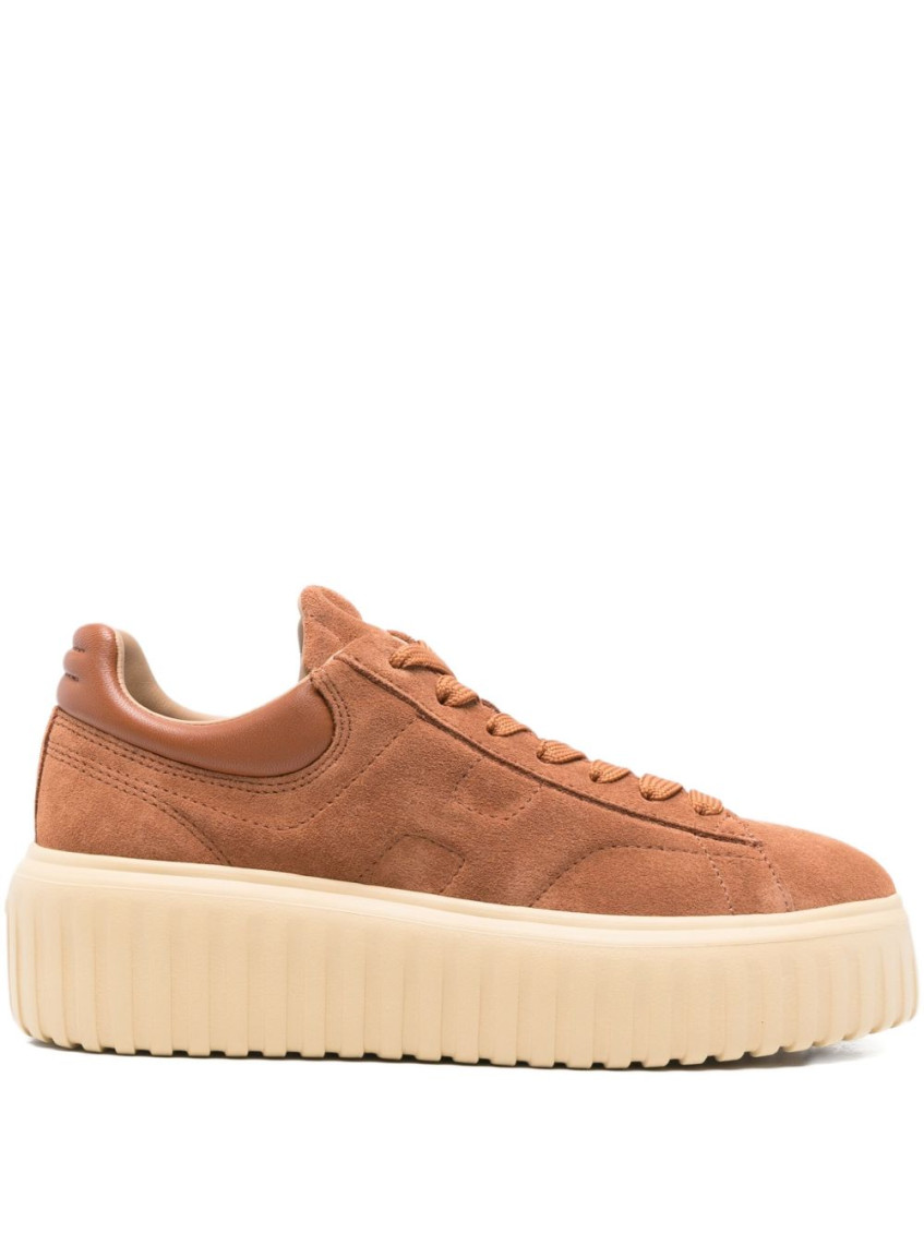 Hogan Brown Suede Sneakers With Smooth Leather Heel In Animal Print