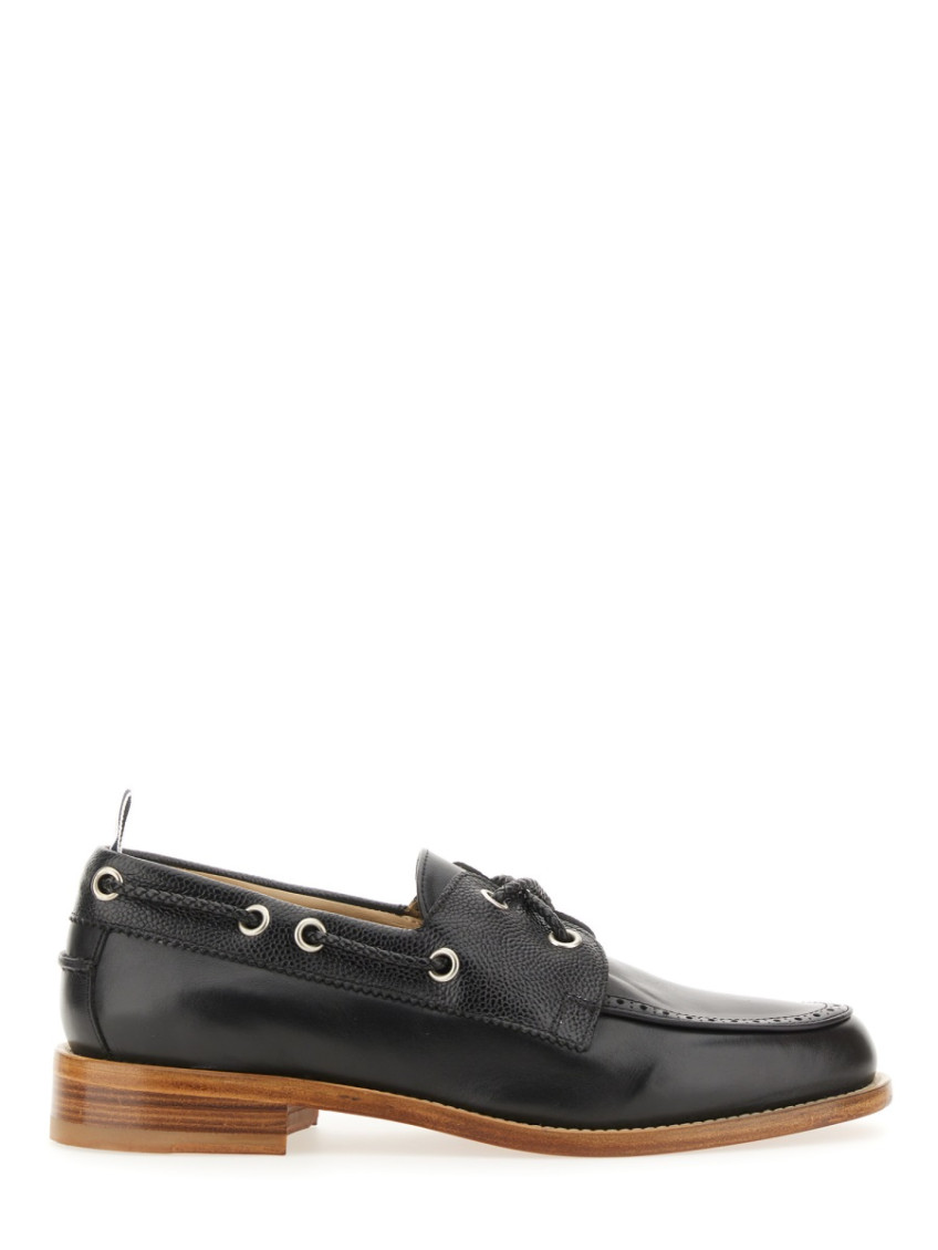 Thom Browne Polished Black Leather Loafers With Moc Toe Design And Lace Detail In Black