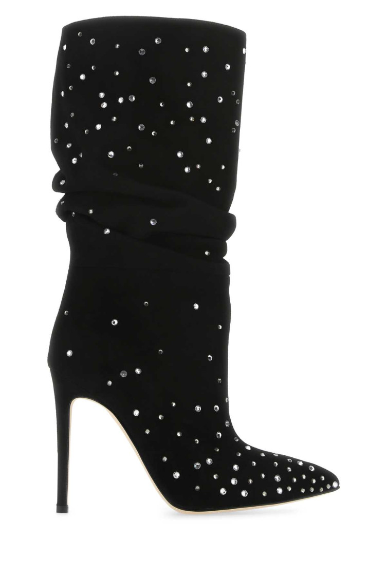 Paris Texas Suede Crystal Holly Stiletto Slpouchy Boot Heel In Black