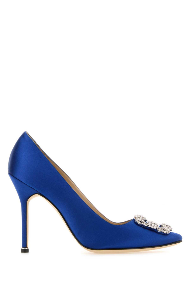 Manolo Blahnik Satin Hangisi 105 Pumps With Jewel Embellishment In Blue