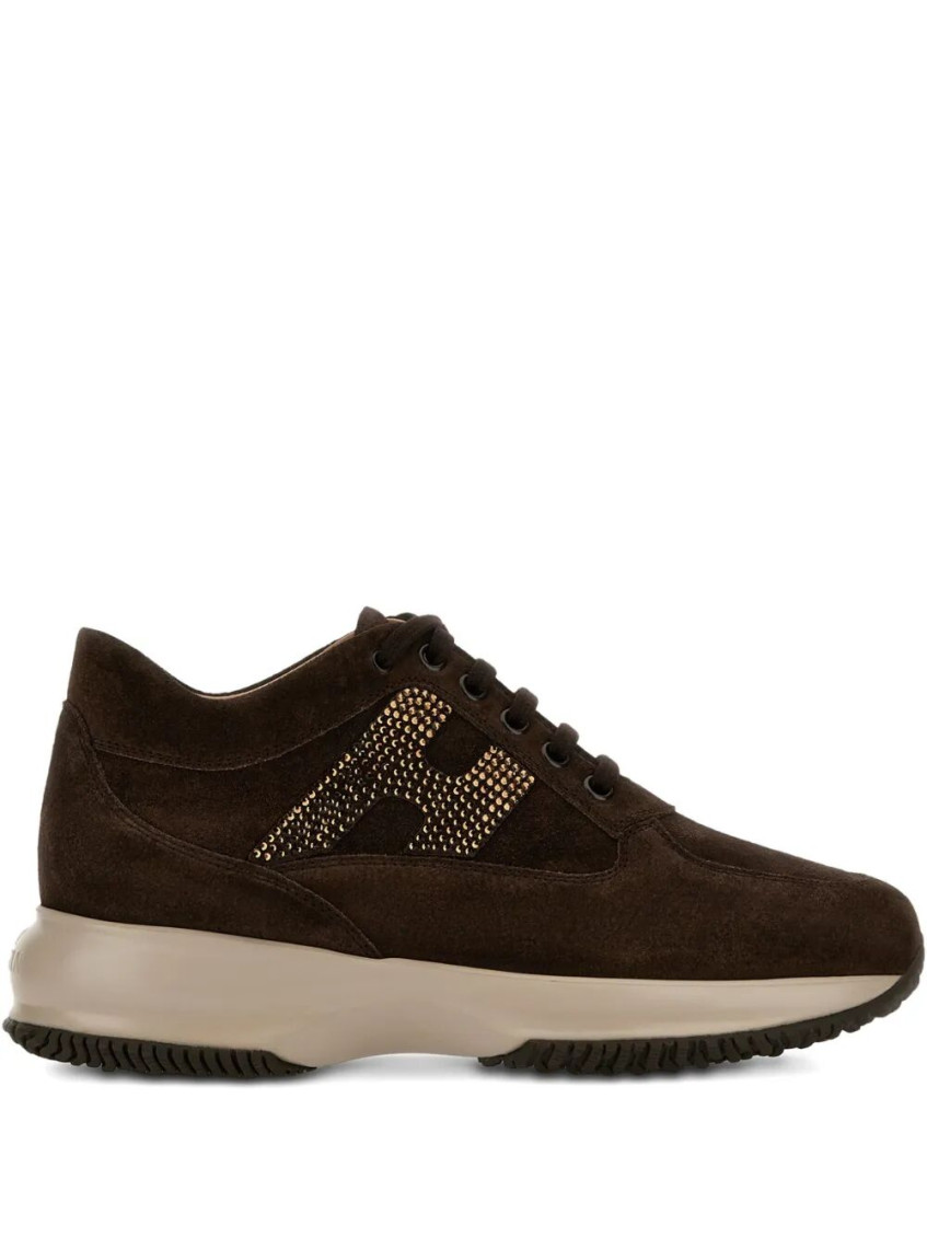 Hogan Interactive Suede Sneakers With Rhinestones Shoes In Brown