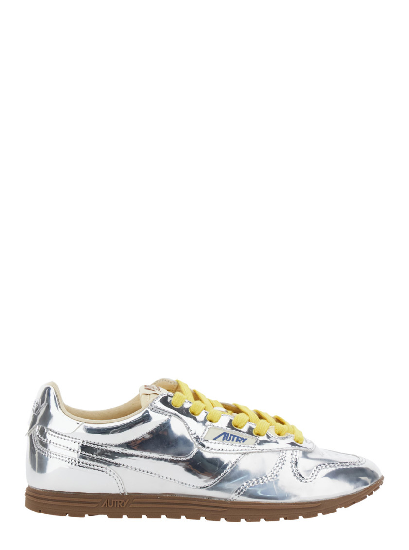Autry Front Lace Sneakers In Bright Yellow And Shiny Silver In Metallic