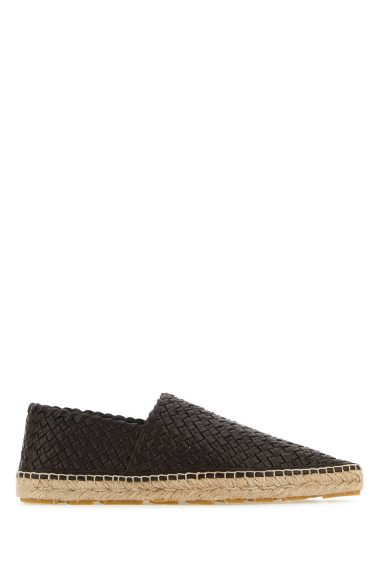 Bottega Veneta Leather Espadrilles With Woven Cord And Intrecciato Motif In Dark Brown