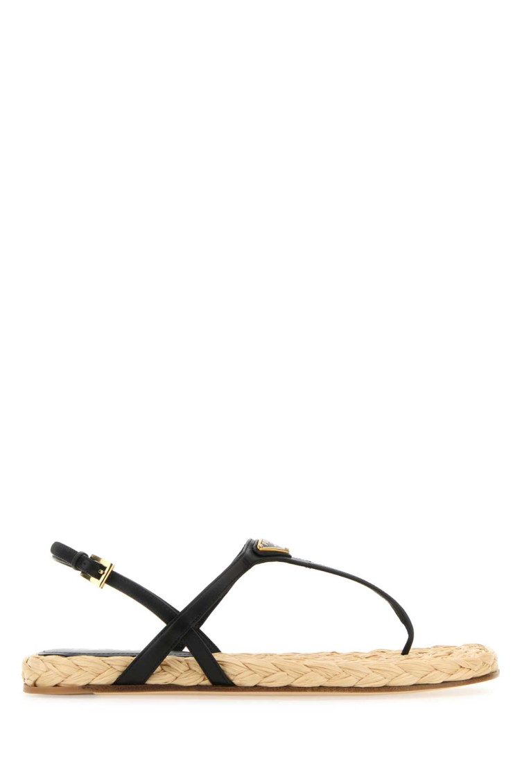 Prada Triangle Logo Raffia And Leather Flat Sandals In Black