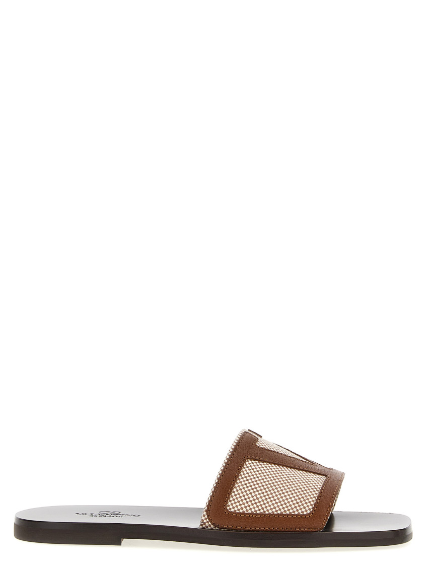 Valentino Garavani Viva Superstar Slide Sandal In Canvas Fabric And Nappa Leather In Brown