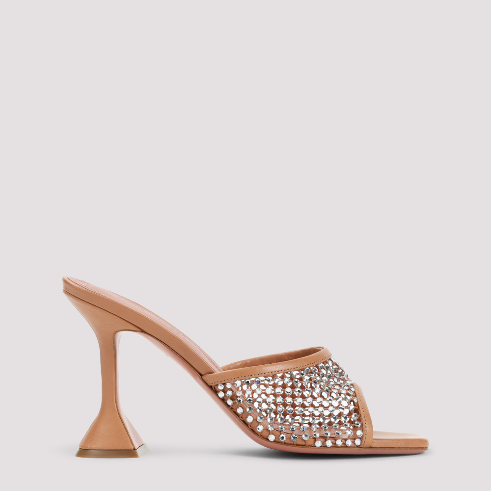 Amina Muaddi Tan Lupita Crystal Net Slipper Heeled Sandals In Brown
