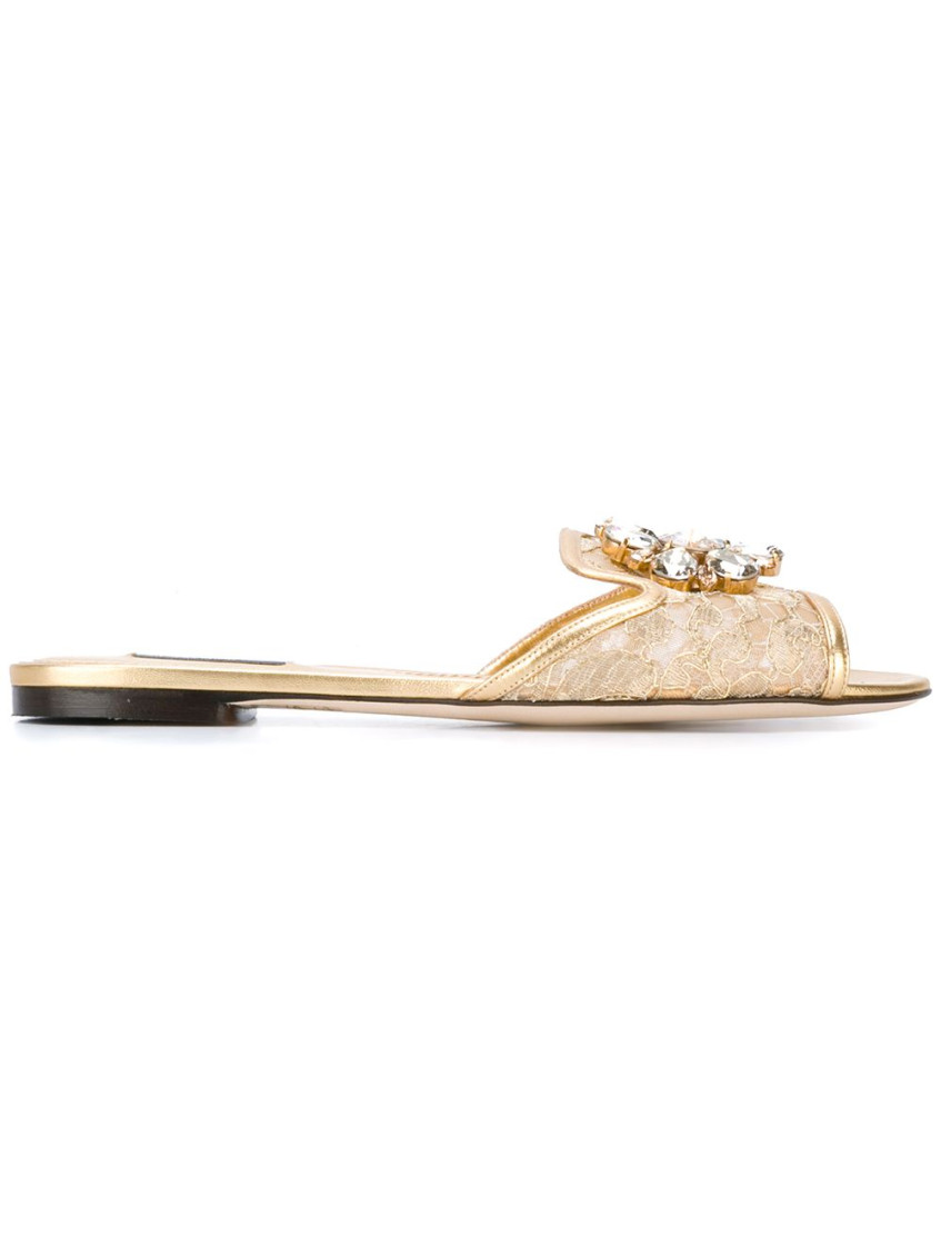 Dolce & Gabbana Crystal Lace Flat Sandals With Floral Pattern In Golden