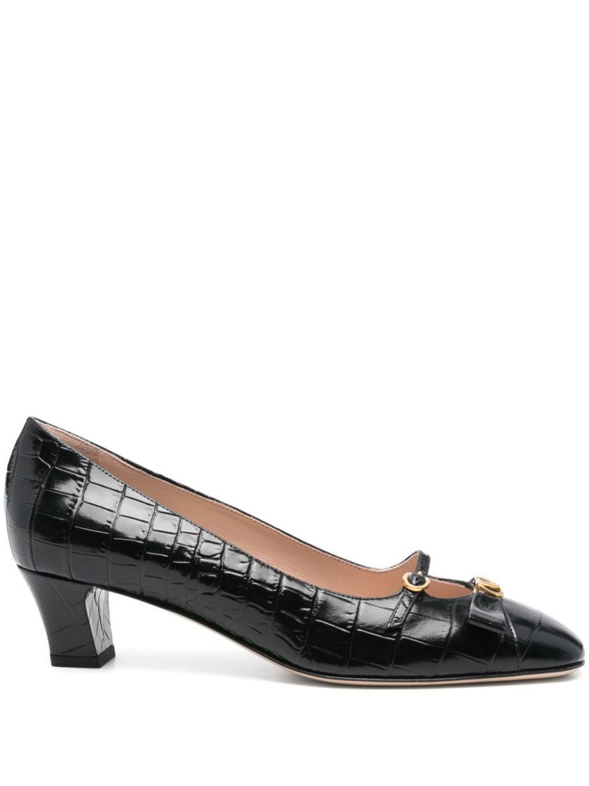 Valentino Garavani Bow Detail Black Crocodile-embossed Leather Heels In Black