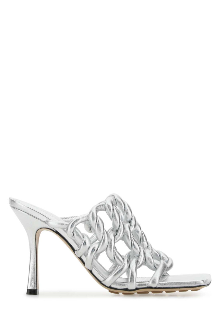 Bottega Veneta Reflection Woven Metallic Leather Mules In Silver