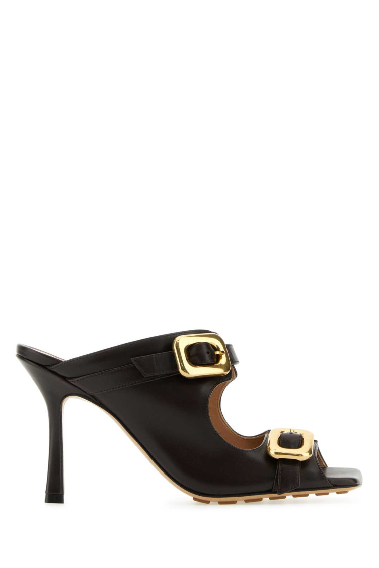 Shop Bottega Veneta Dark Brown Leather Stretch Buckle Heels