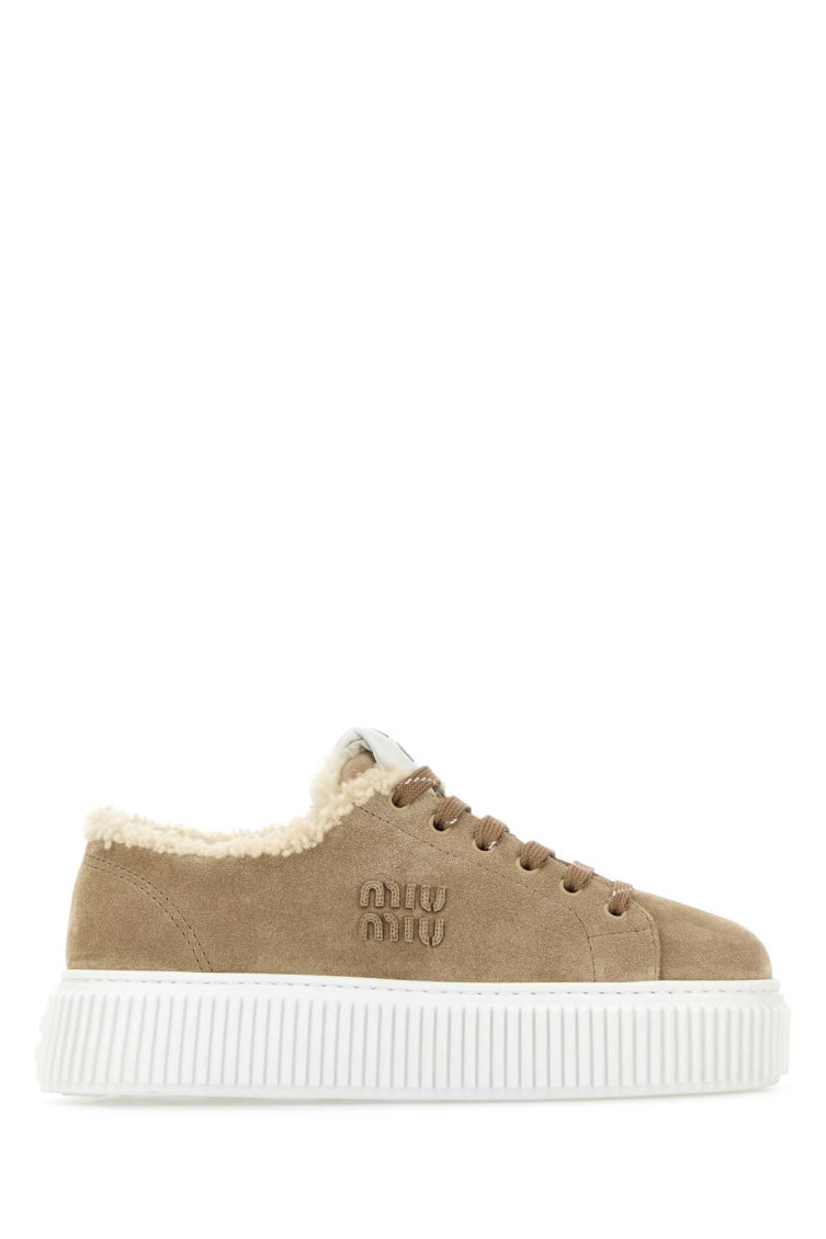 Miu Miu Suede Platform Sneakers Featuring Shearling Trim In Brown