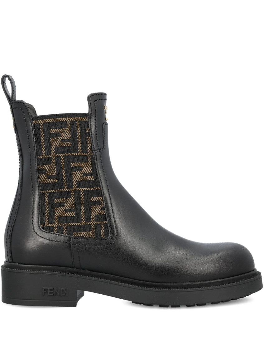 Fendi Filo Leather And Ff Fabric Biker Boots Shoes In Black