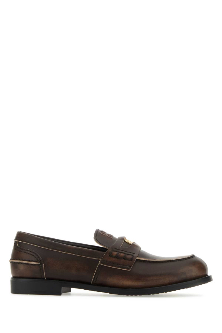 Miu Miu Logo Embossed Calf Leather Loafers In Brown