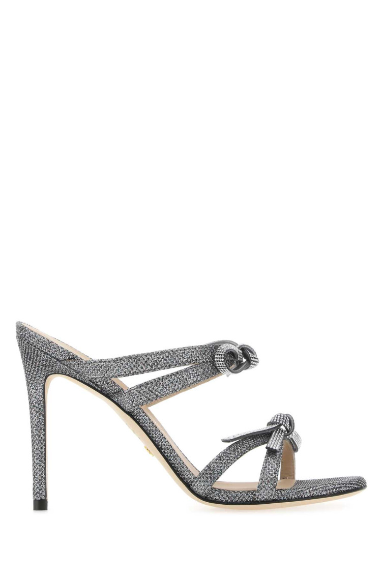 Stuart Weitzman Multicolor Fabric Sw Bow Mules In Silver