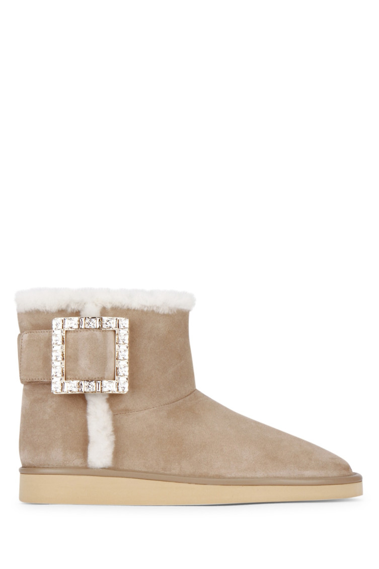 Roger Vivier Winter Viv Crystal-embellished Shearling-lined Suede Ankle Boots In Beige