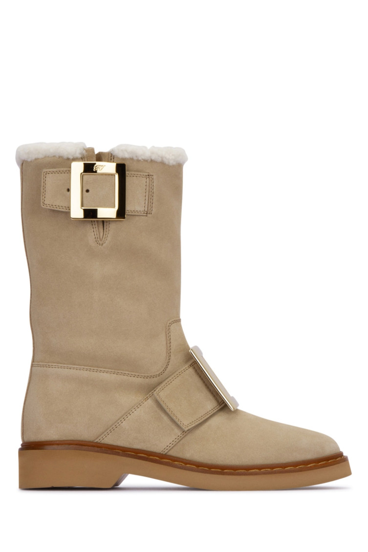 Roger Vivier Calf Suede Buckle Boots In Beige