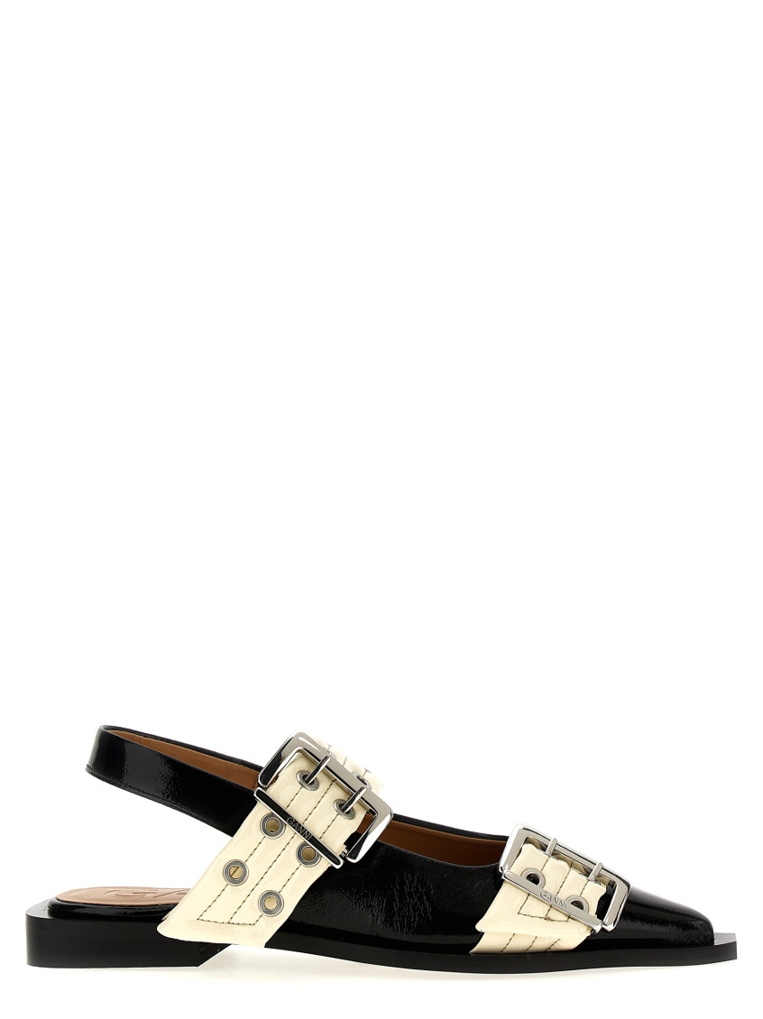 Ganni Black And White Slingback Ballerina Flats With Buckles In Black