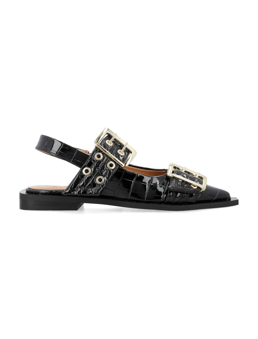 Ganni Buckle Ballerina Crocodile-effect Slingback Flats In Black
