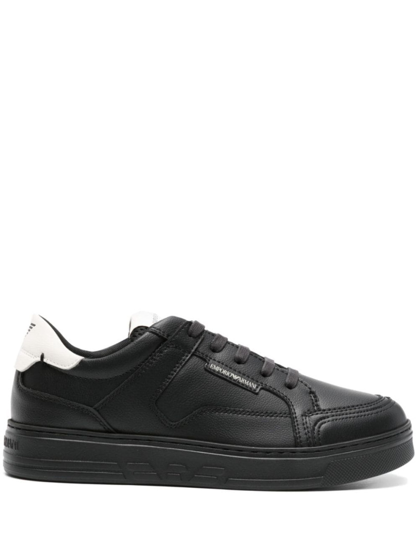 EMPORIO ARMANI BLACK LOGO LEATHER SNEAKERS