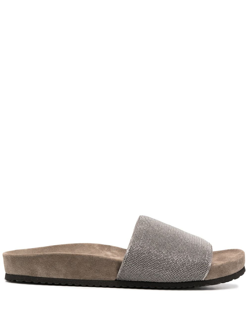 Brunello Cucinelli Precious Suede Slides In Silver