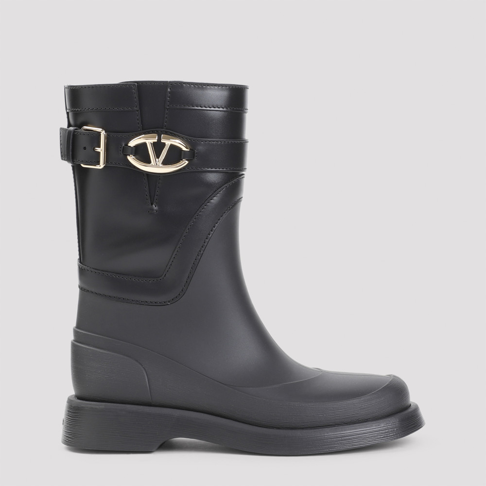 Shop Valentino Black Logo Leather Rain Boots