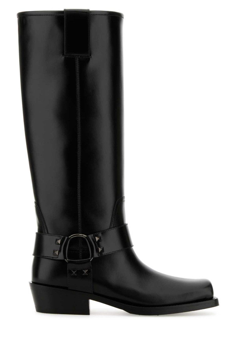 Valentino Rockstud Biker Knee-high Leather Boots In Black