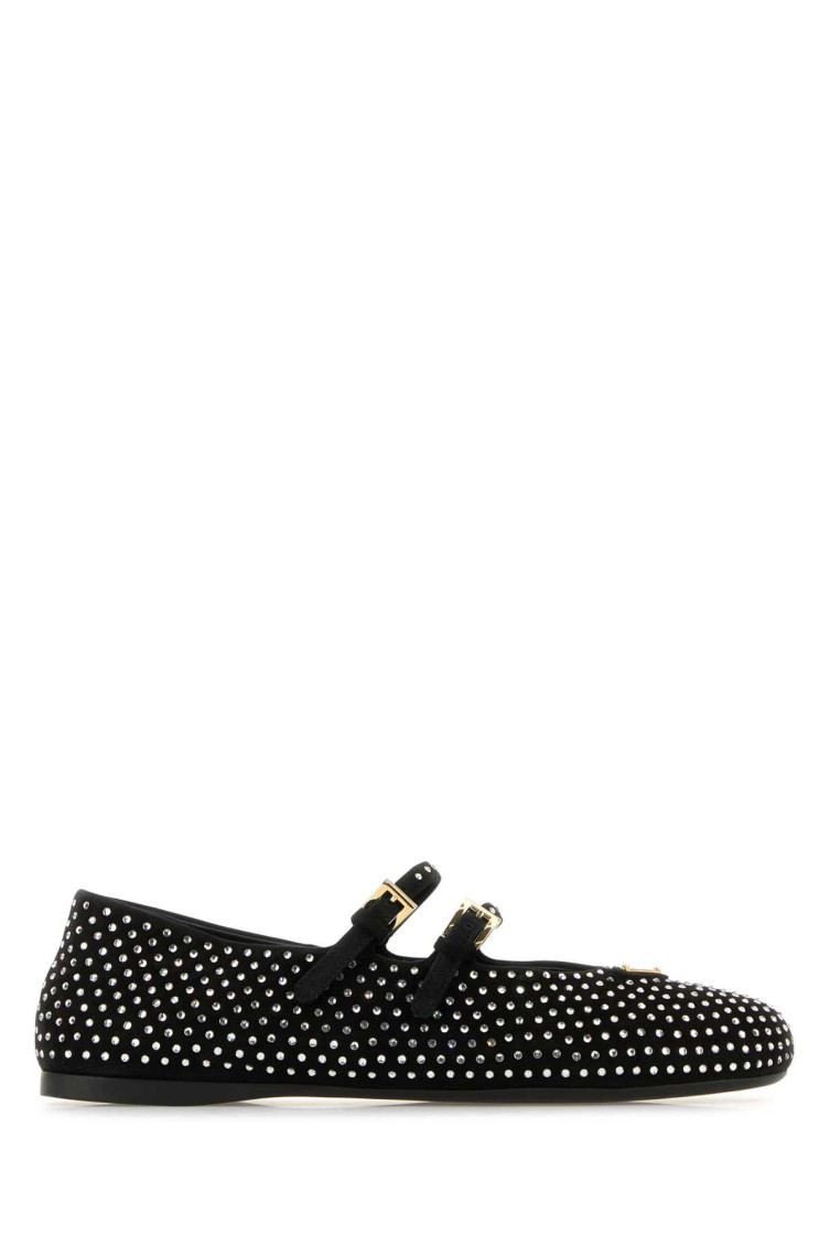 Prada Crystal Saffiano Dual Mary Jane Ballerina Flats In Black