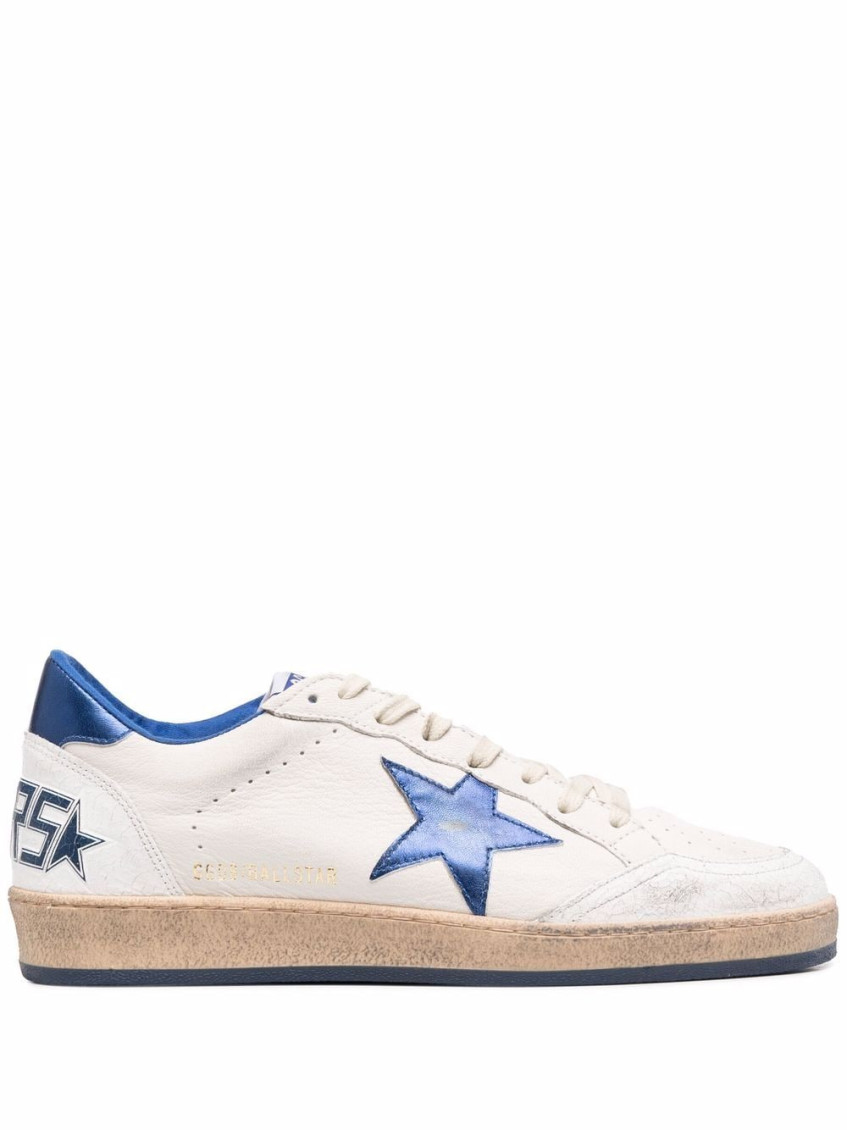 Golden Goose Ball Star Sneakers In White Nappa Leather With Light Blue Laminated Leather Star And Heel Tab In White