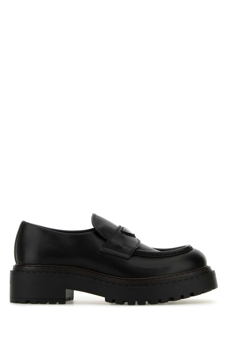 Prada Triangle Logo Chocolate Brushed Leather Loafers In Black
