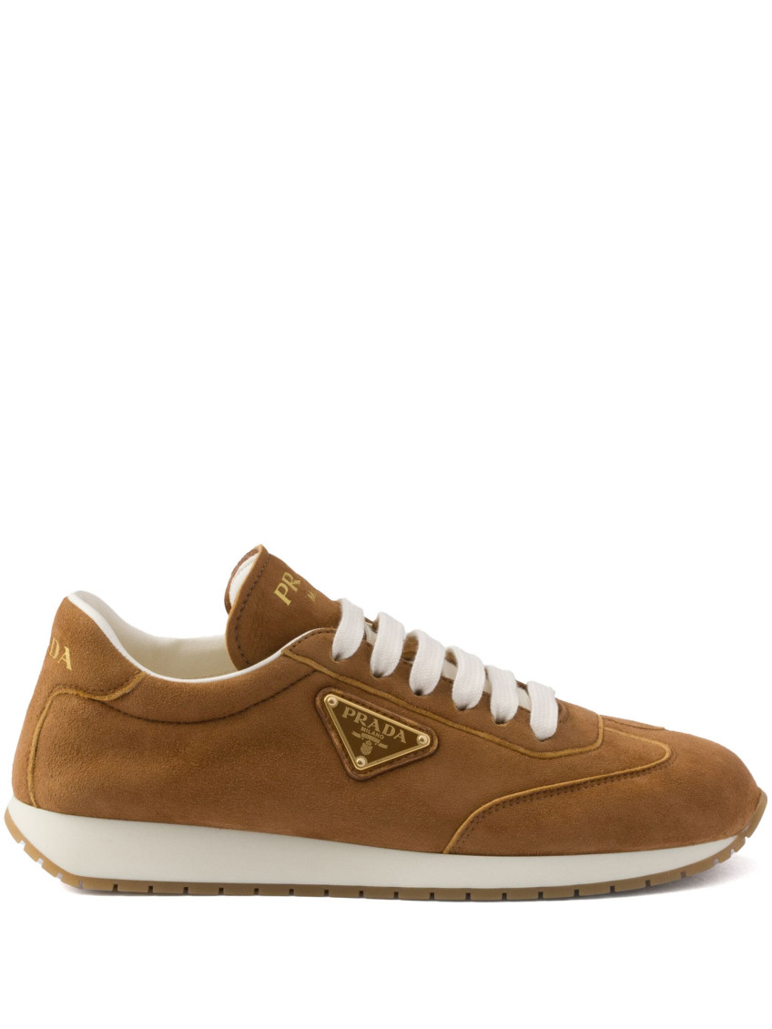 Prada Triangle Logo Suede Sneakers In Light Brown