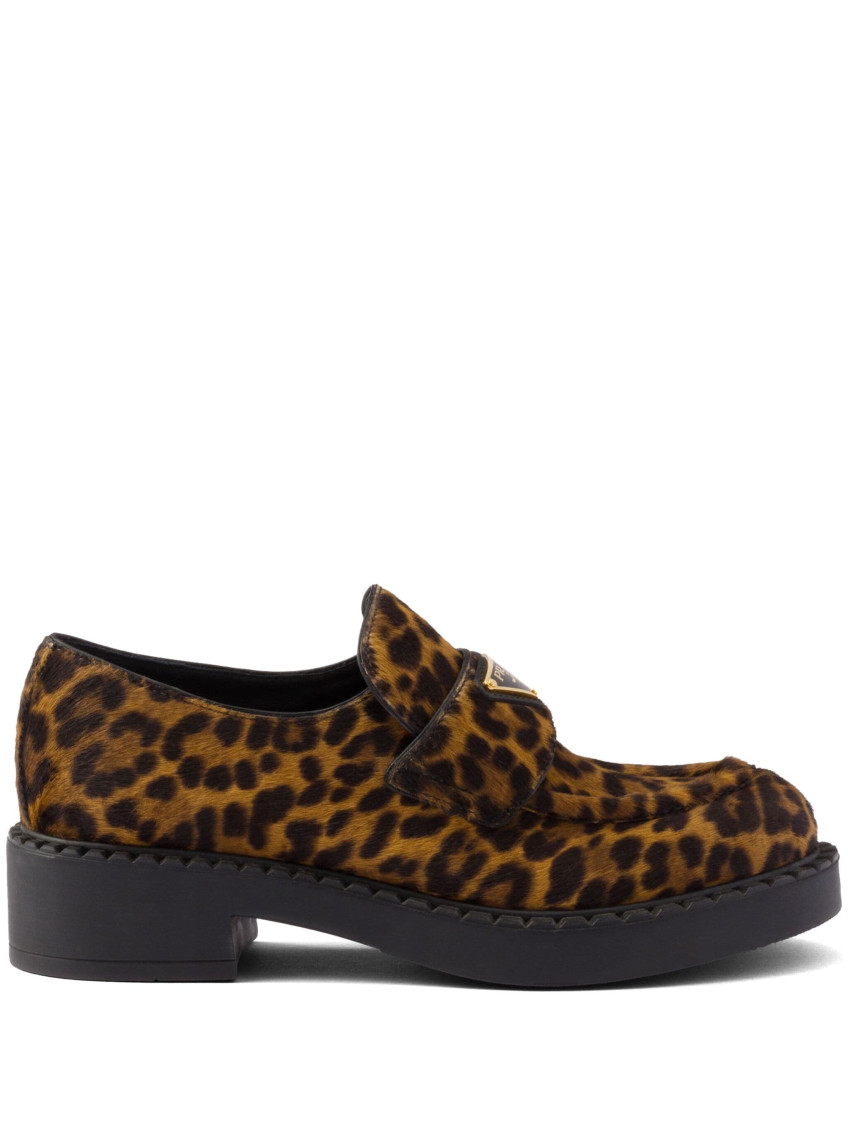 PRADA LEOPARD PRINT LOGO LOAFERS