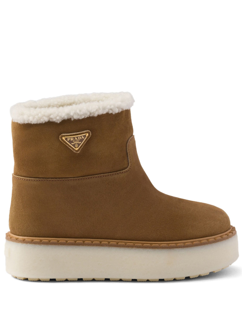 Prada Triangle Logo Suede Snow Boots In Brown