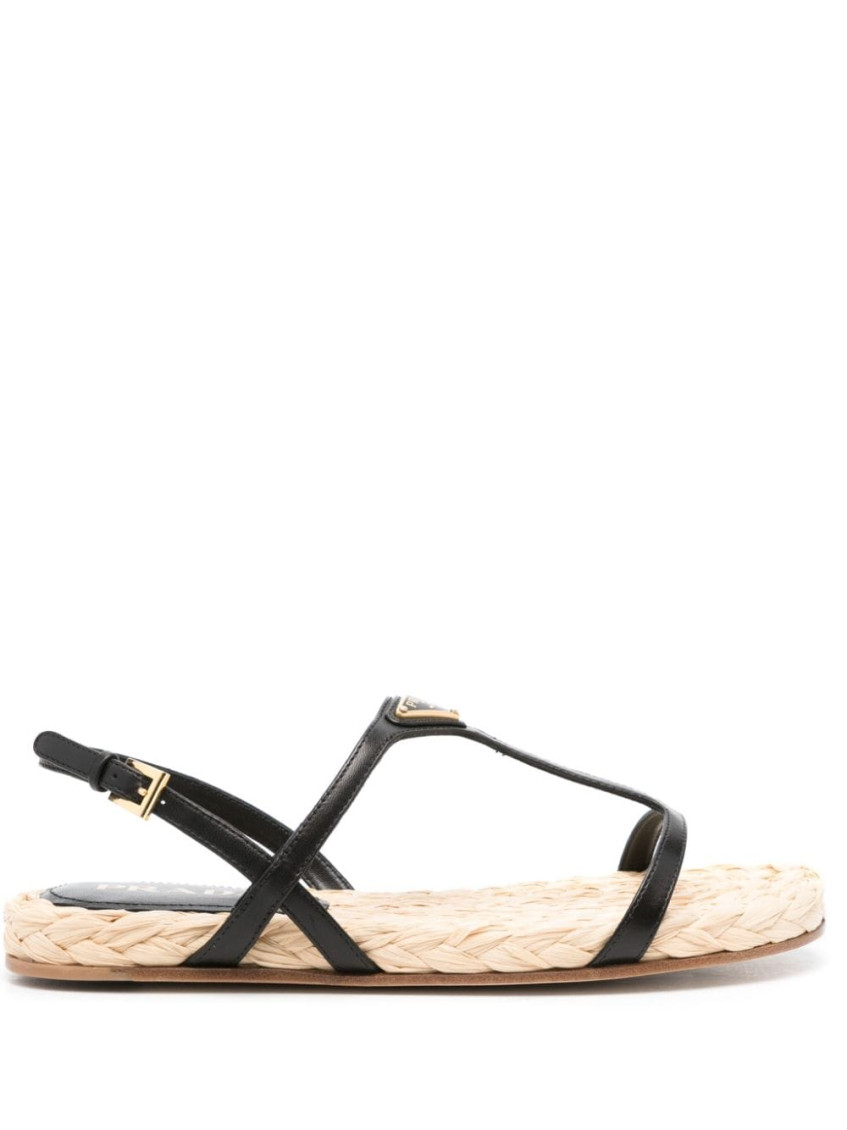 Prada Triangle Logo Raffia And Leather Flat Sandals In Black
