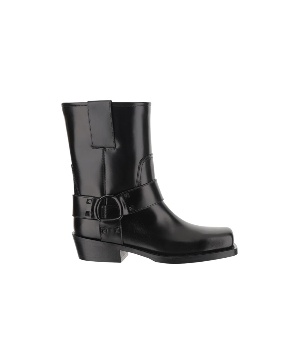 Valentino Black Leather Biker Rockstud Ankle Boots In Black
