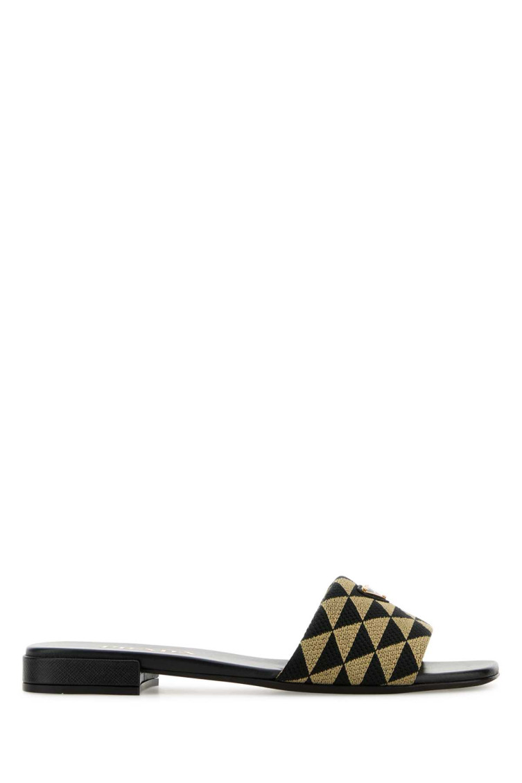 Prada Geometric Pattern Fabric Slippers With Flat Sole In Black