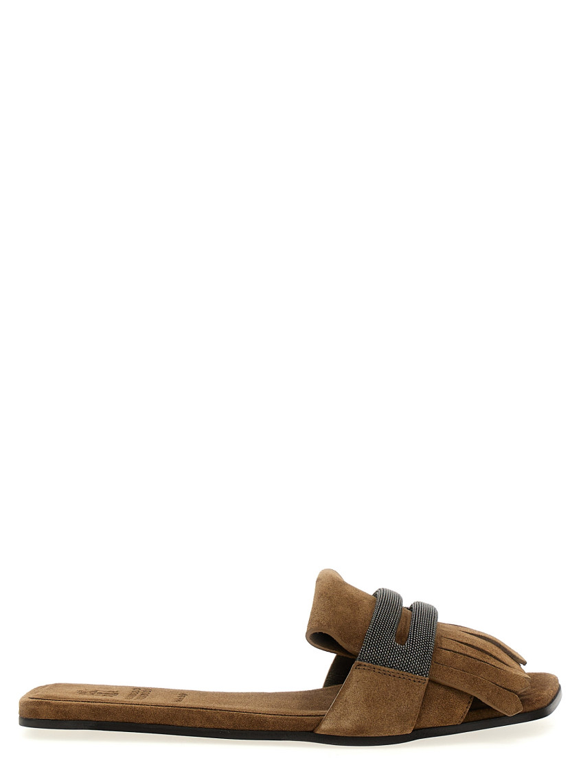 Brunello Cucinelli Fringed Flat Sole Open Toe Sandal In Beige