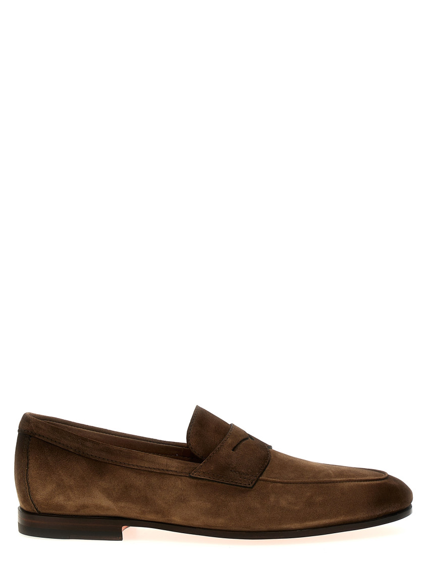 Santoni Suede Carlos Penny Loafers In Brown
