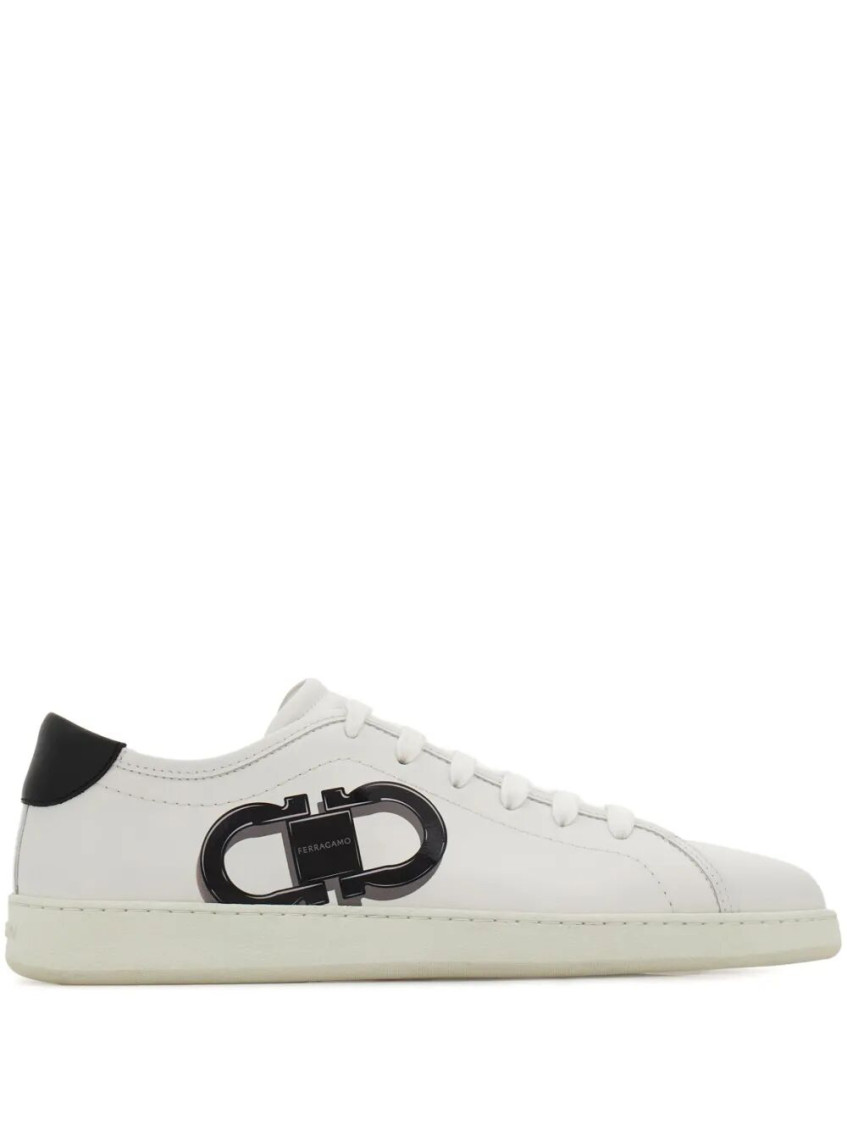 Ferragamo White Sneakers With Gancini Print On The Side And Contrasting Heel In Leather Man