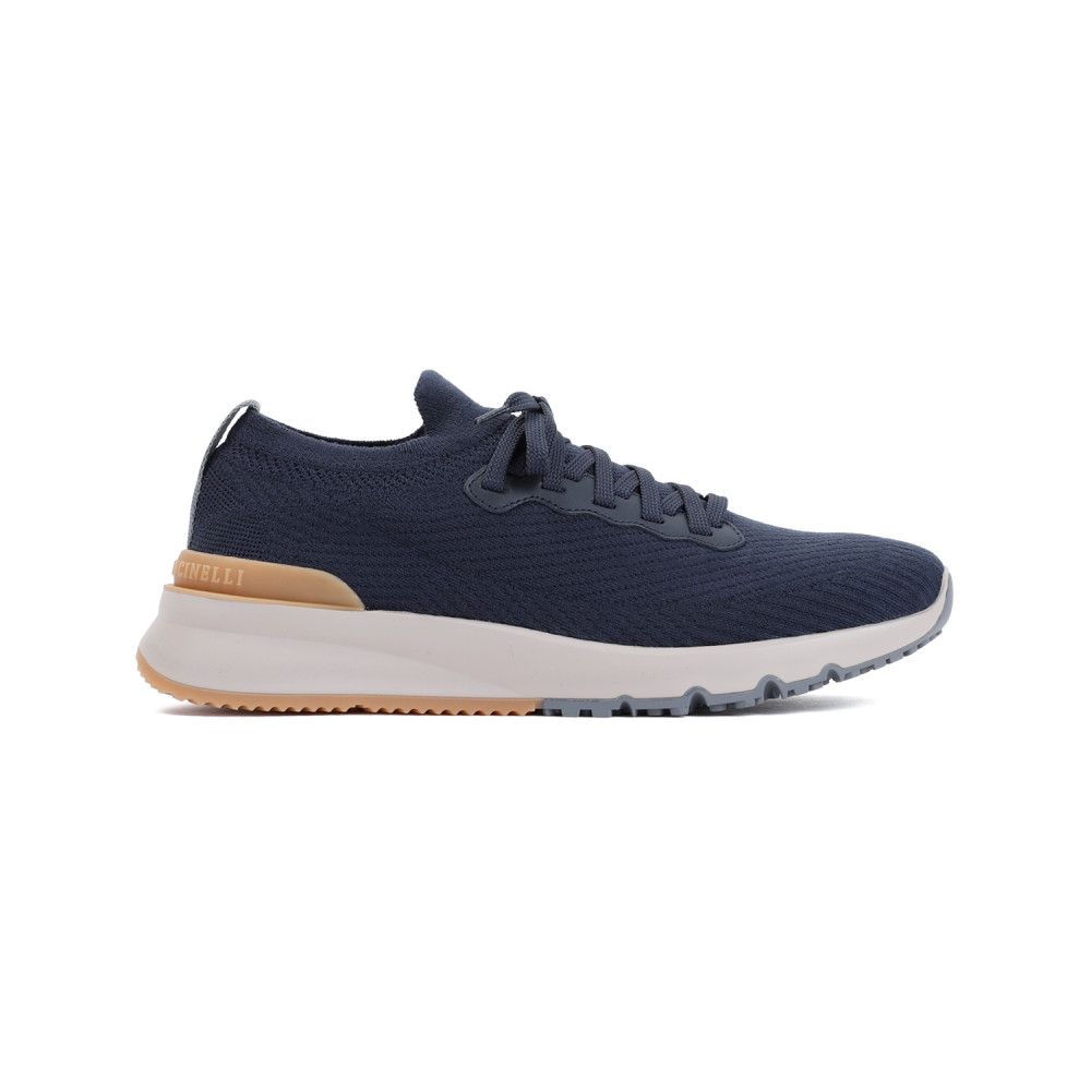 Brunello Cucinelli Leather-trimmed Stretch-knit Sneakers In Blue