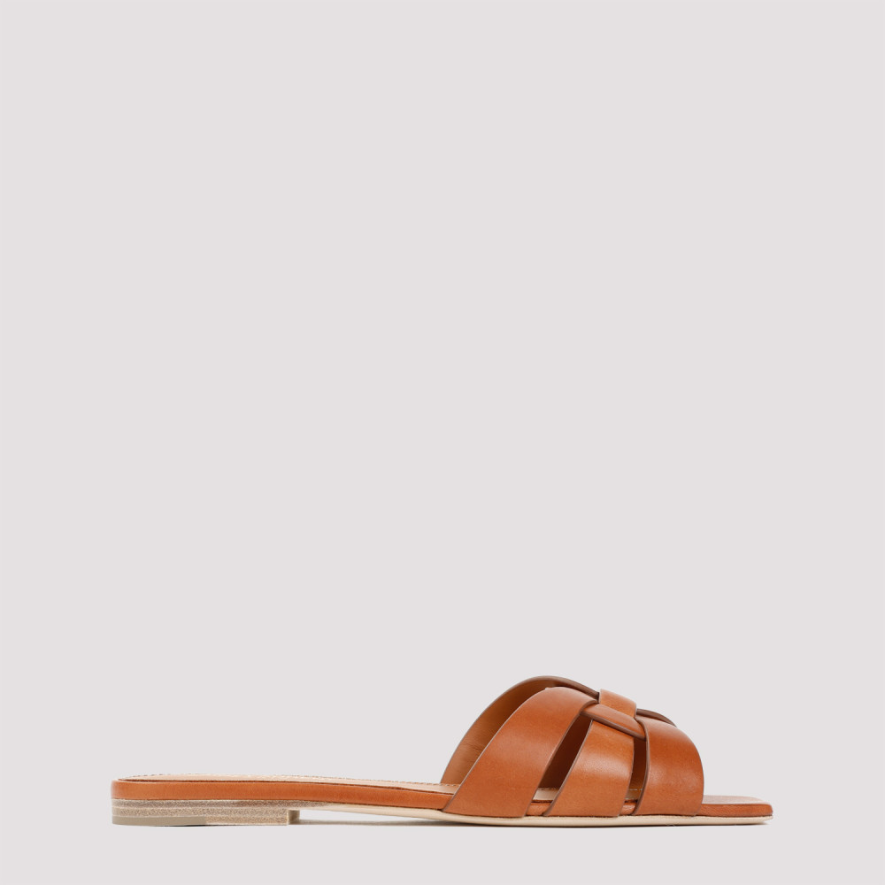 Saint Laurent Woven Leather Sandal Slide In Brown