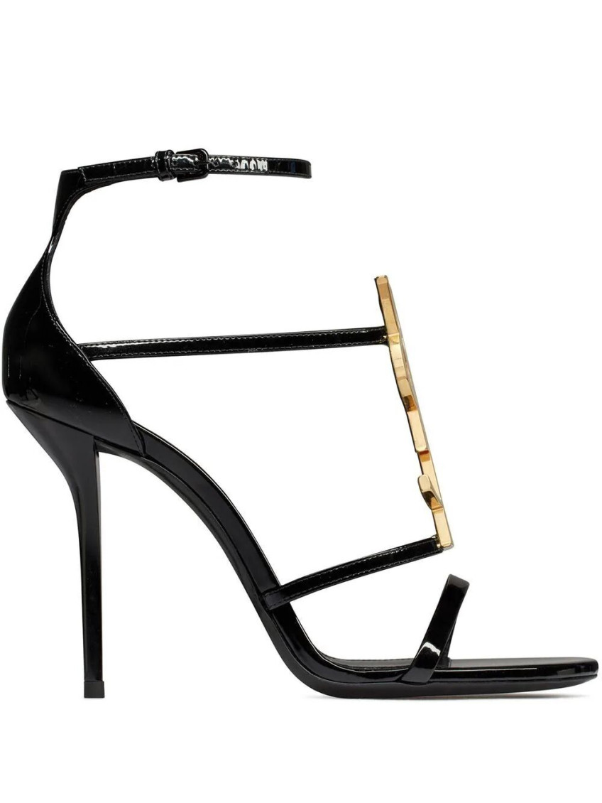 SAINT LAURENT BLACK LOGO ANKLE STRAP HEELS
