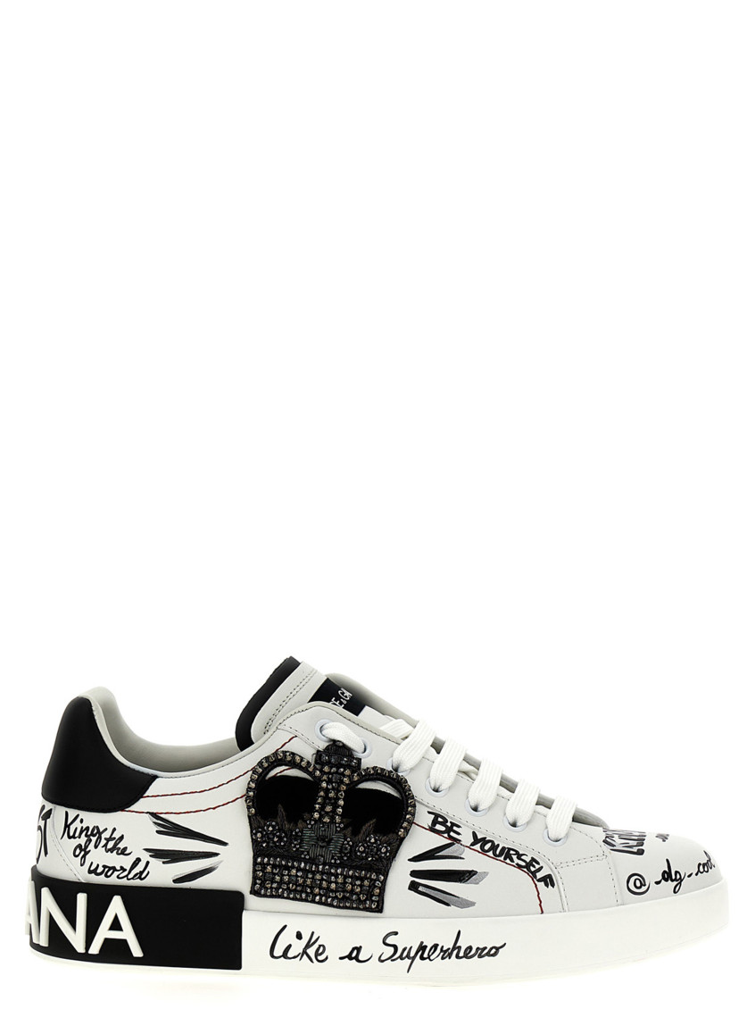 Dolce & Gabbana White Low Top Sneakers With Logo Patch On The Tongue And All-over Print In Leather Man In Blackwhite