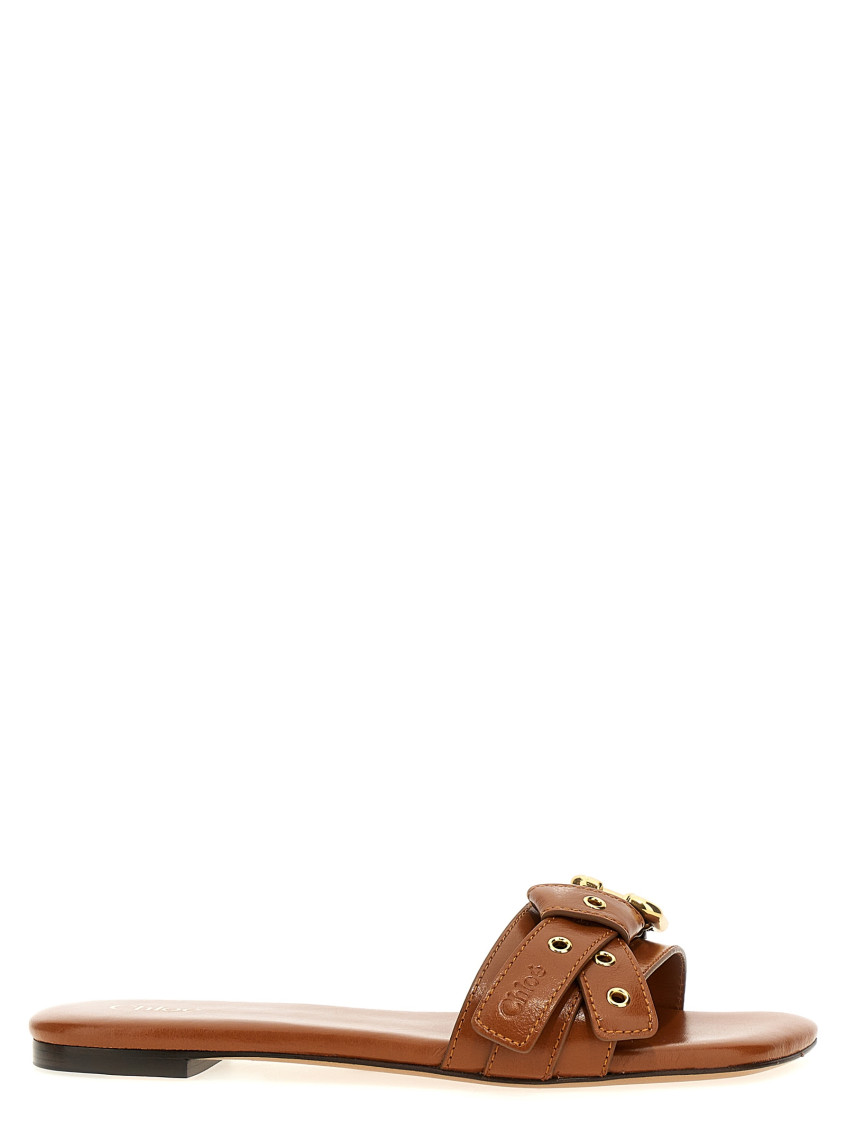 Chloé Mae Leather Buckle Flat Slide Sandals In Brown