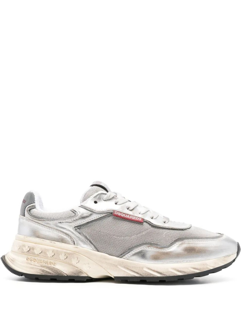 Dsquared2 Vintage-effect Silver Leather Mesh Sneakers
