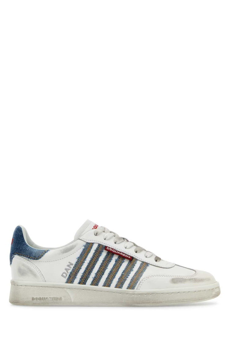 Dsquared2 White Low Top Sneakers With Logo Patch On Tongue And Side And Contrasting Heel With Logo In Leather